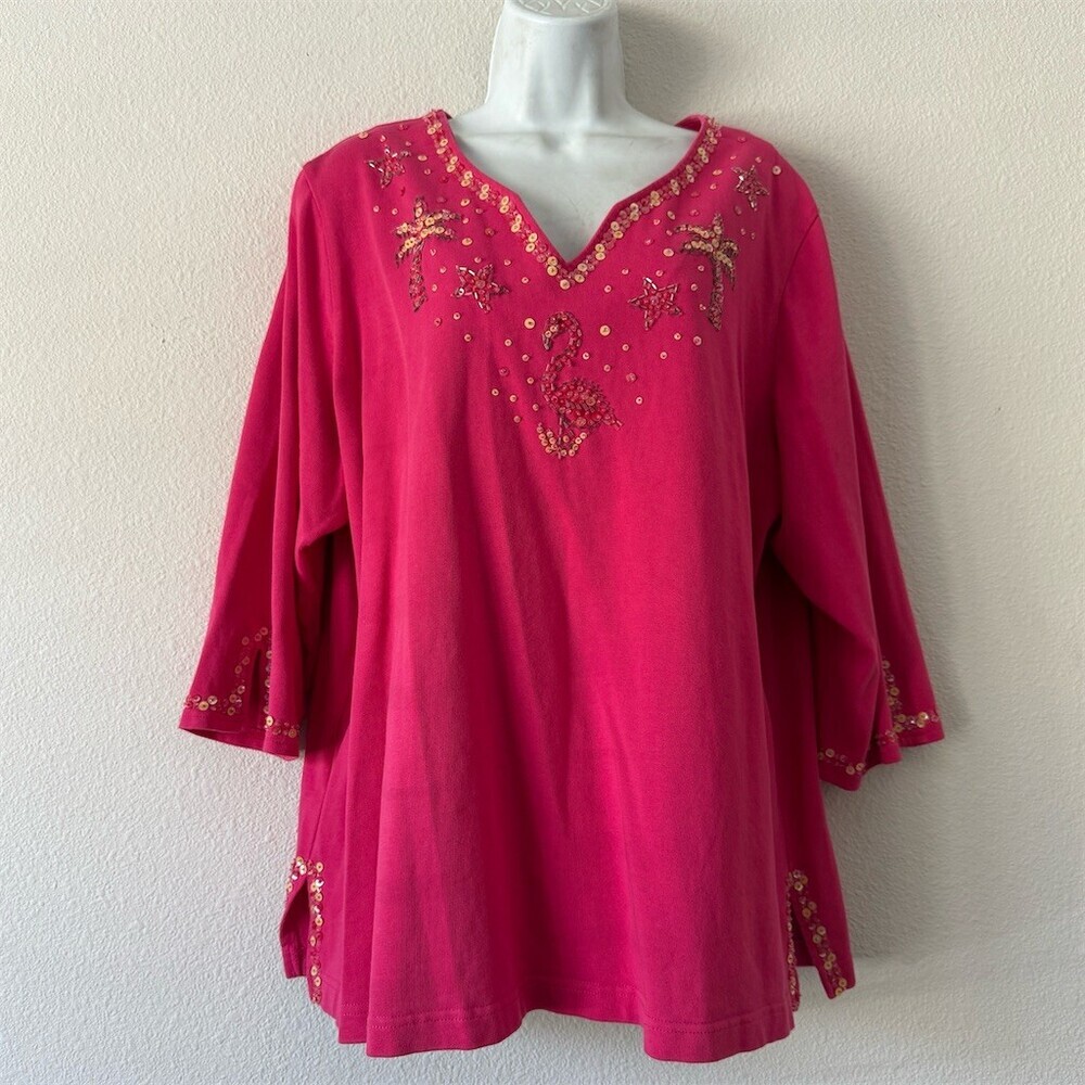 Quacker Factory Tunic Top Womens Plus 2XL Pink Sequin Flamingo Starfish